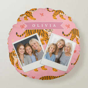Personalized Pink Tiger Chic Edgy Fun Aesthetic Round Pillow