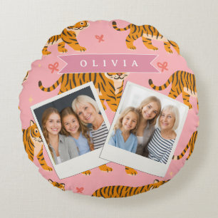 Personalized Pink Tiger Chic Edgy Fun Aesthetic Round Pillow