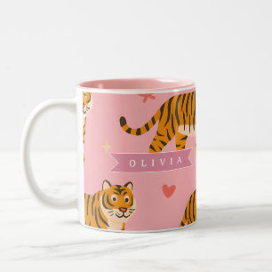 Personalized Pink Tiger Chic Edgy Fun Aesthetic Two-Tone Coffee Mug