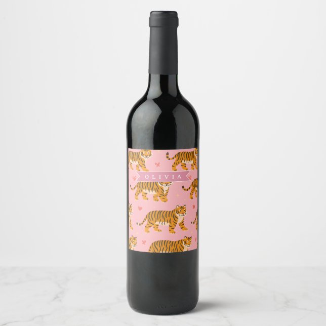 Personalized Pink Tiger Chic Edgy Fun Aesthetic Wine Label (Front)