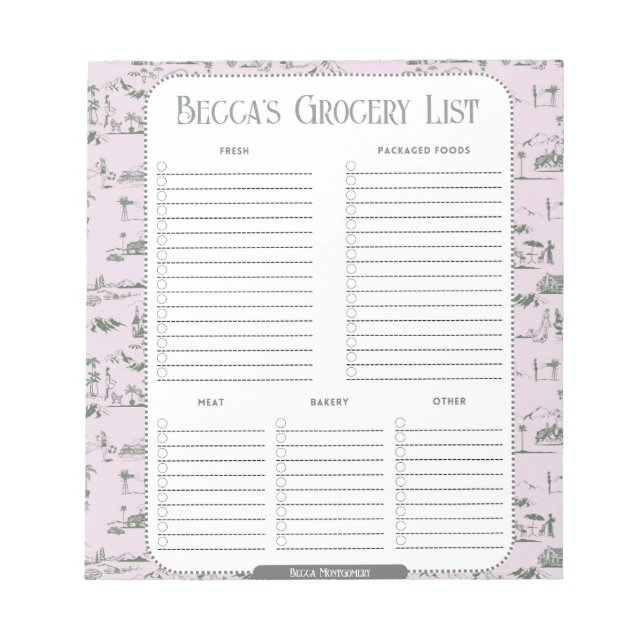 Personalized Pink Toile Grocery List Notepad (Front)