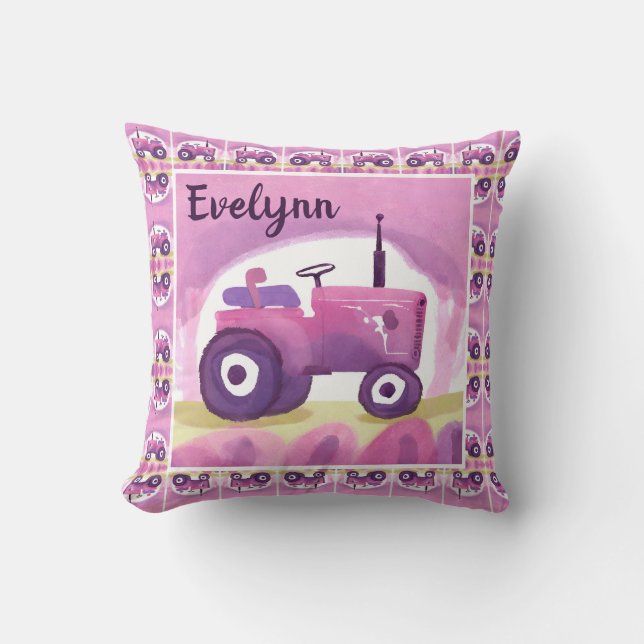 Personalized Pink Tractor Pillow (Front)