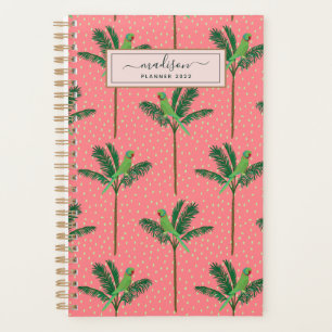 Personalized Pink Tropical Palm Tree Bird Pattern Planner