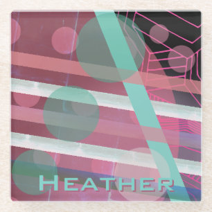 Personalized/Pink & Turquoise/Abstract Design Glass Coaster
