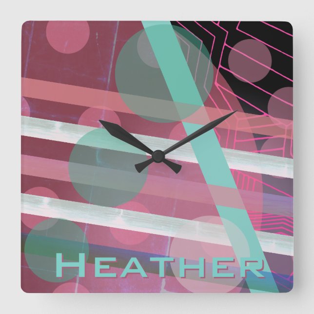Personalized/Pink & Turquoise/Abstract Design Square Wall Clock (Front)