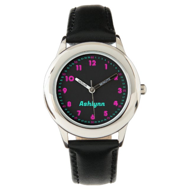 Personalized Pink & Turquoise Time Teaching Kids Watch (Front)