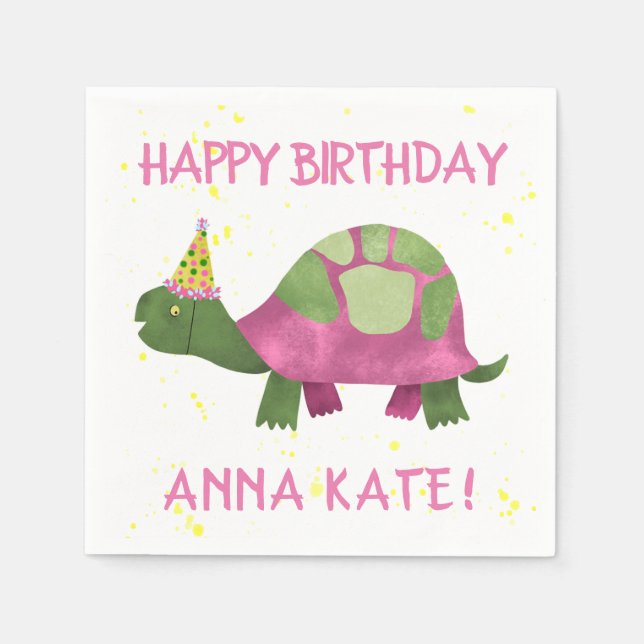 Personalized Pink Turtle Birthday Party Napkins (Front)