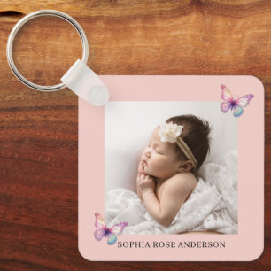 Personalized Pink Two Photo New Baby Butterfly Keychain