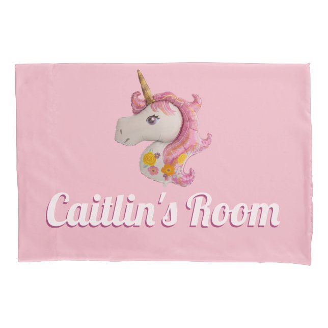 Personalized Pink Unicorn Balloon Girl's Bedroom Pillowcase (Front)