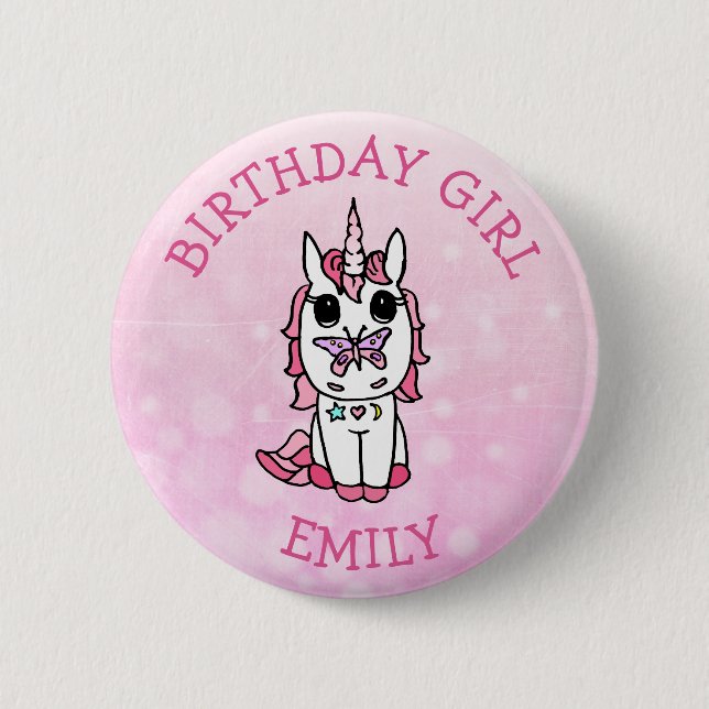 Personalized Pink Unicorn Birthday Girl 2 Inch Round Button (Front)