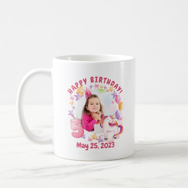 Personalized Pink Unicorn Girl 5th Birthday Coffee Mug (Left)