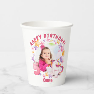 Personalized Pink Unicorn Girl 5th Birthday Paper Cups