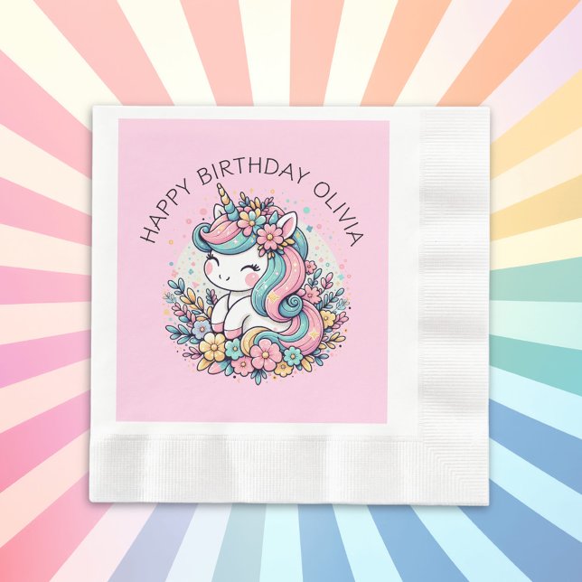 Personalized Pink Unicorn Girl's Birthday Napkin (Creator Uploaded)