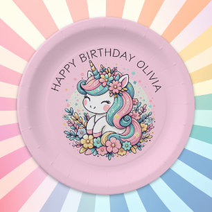 Personalized Pink Unicorn Girl's Birthday Paper Plate