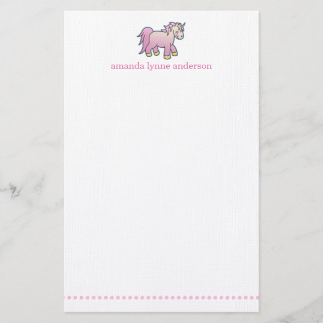 Personalized Pink Unicorn Kids Stationery (Front)