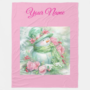 Personalized Pink Vintage Christmas Snowman Fle Fleece Blanket