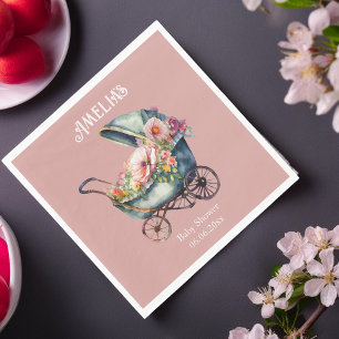 Personalized Pink Vintage Pram Baby Shower Napkin