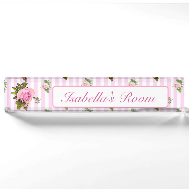 Personalized Pink Vintage Rose Baby Nursery Name Nameplate (Front)