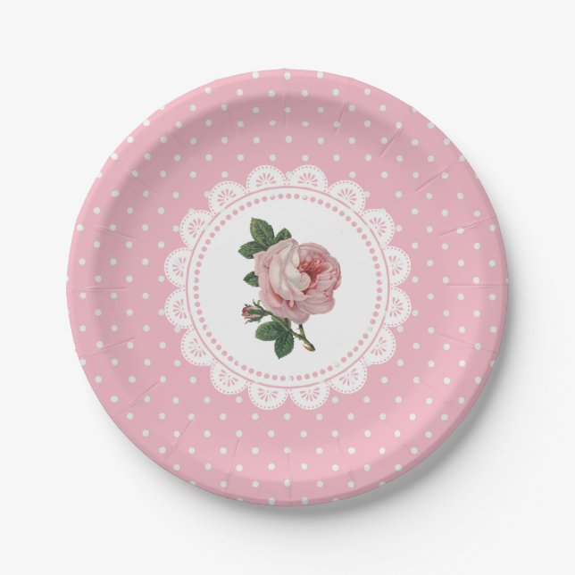 Personalized Pink Vintage Rose Paper Plates (Front)
