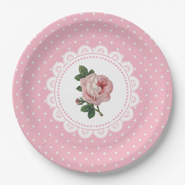 Personalized Pink Vintage Rose Paper Plates (Front)