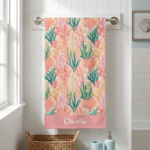 Personalized Pink Watercolor Coral Bath Towel