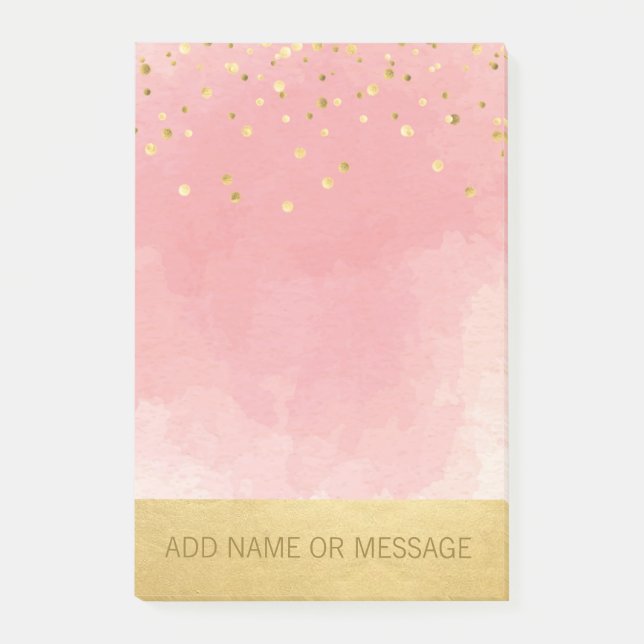 Personalized Pink Watercolor Faux Gold Foil Post-it Notes (Front)