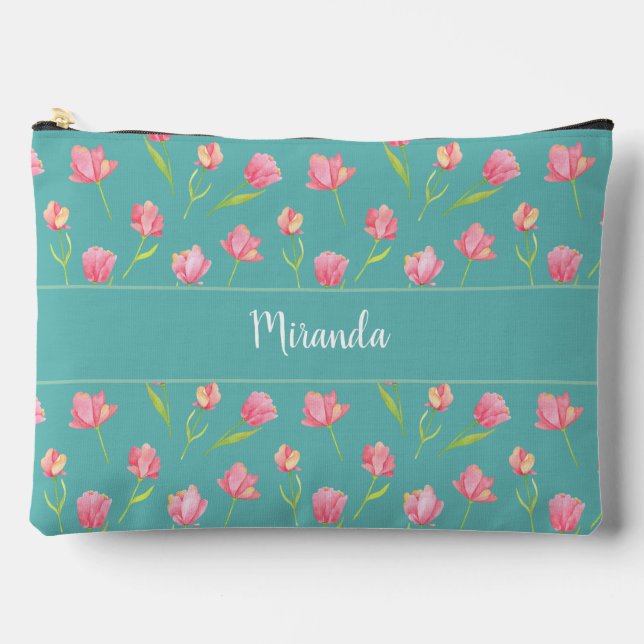 Personalized Pink Watercolor Flowers Accessory Pouch (Front)