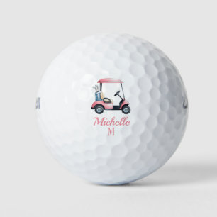 Personalized Pink Watercolor Golf Cart Golfers     Golf Balls