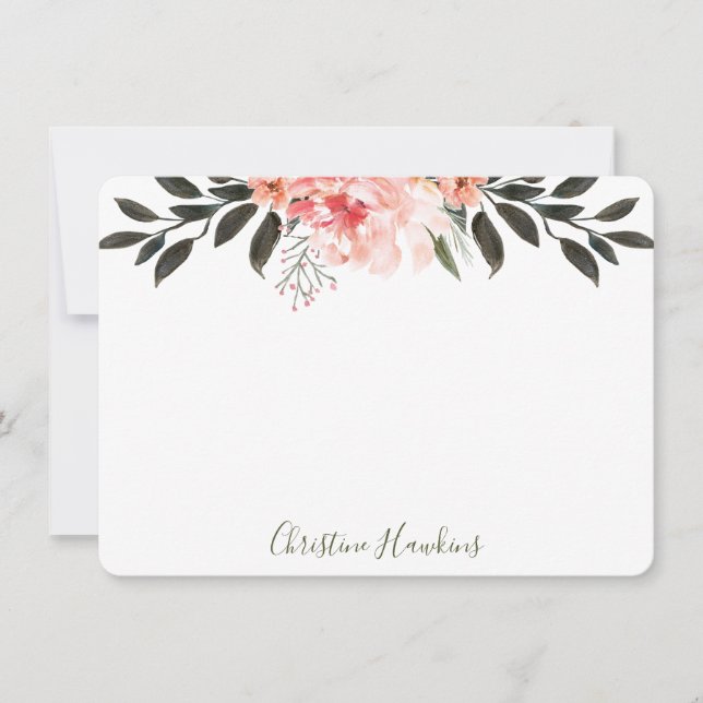 Personalized Pink Watercolor Modern Greenery Flora Card (Front)