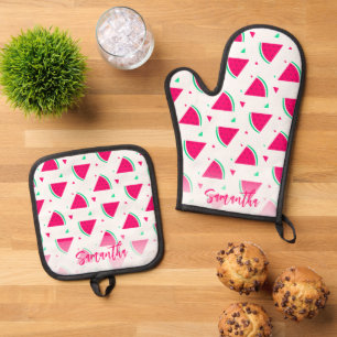 Personalized Pink Watermelon Pattern Oven Mitt & Pot Holder Set