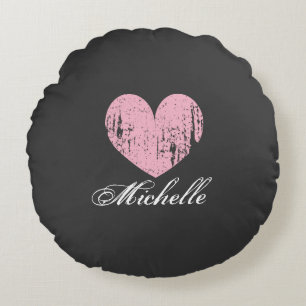 Personalized pink weathered heart round pillow