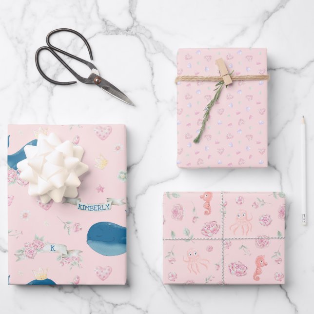 Personalized Pink Whale Nautical Wrapping Paper Sheet (Front)