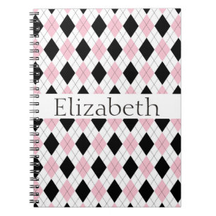 Personalized Pink White Black Argyle Pattern Notebook