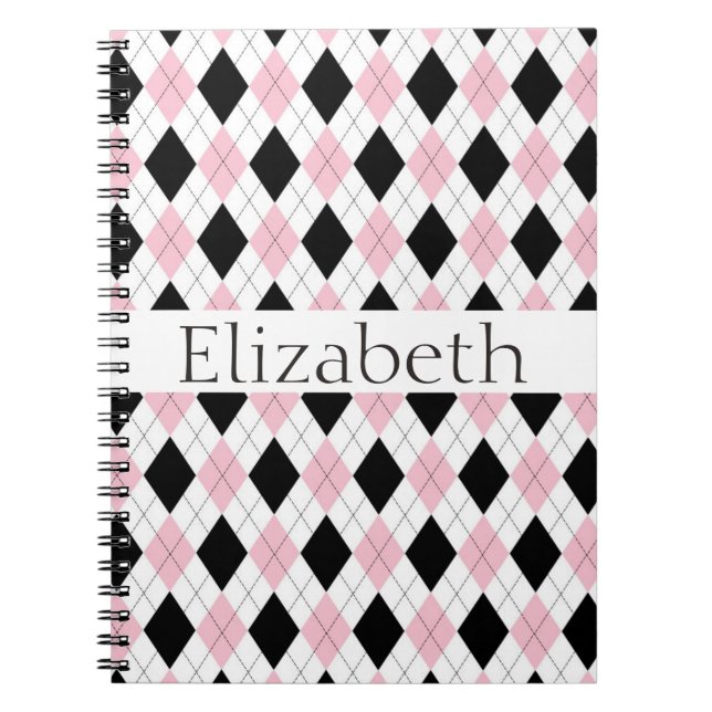 Personalized Pink White Black Argyle Pattern Notebook (Front)