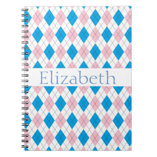 Personalized Pink White Blue Argyle Pattern Notebook