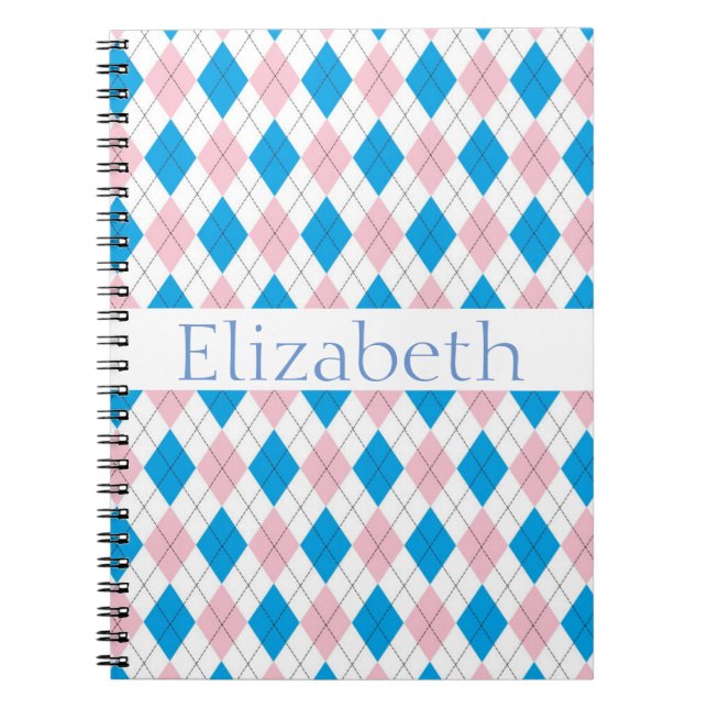 Personalized Pink White Blue Argyle Pattern Notebook (Front)