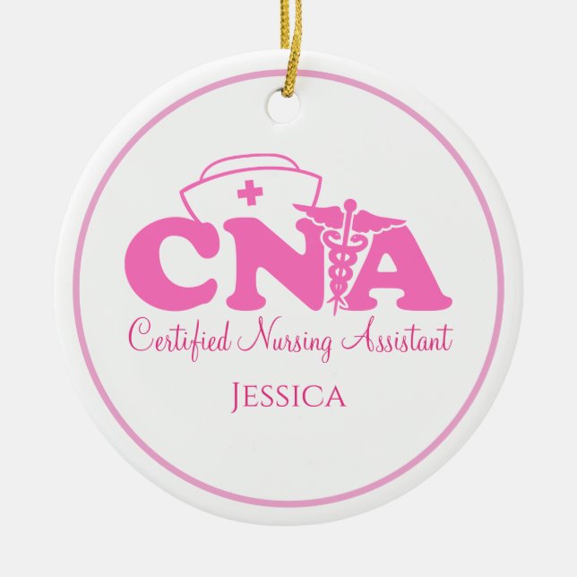 Personalized Pink White CNA Nurse Christmas   Ceramic Ornament (Front)