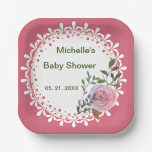 Personalized Pink & White Florals Paper Plate