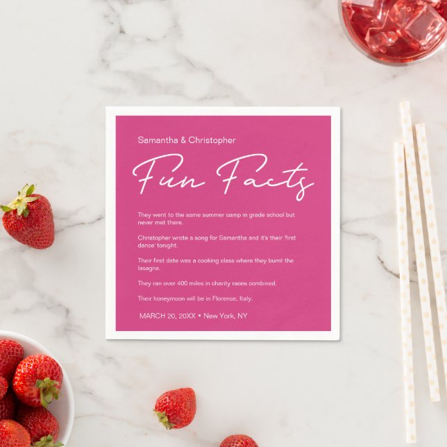 Personalized Pink White fun fact list Wedding Napkin (Insitu)