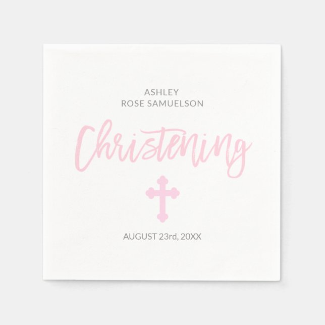 Personalized Pink White GIRL Cross CHRISTENING Napkin (Front)
