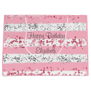 Personalized Pink White Grey Silver Glitter Large Gift Bag
