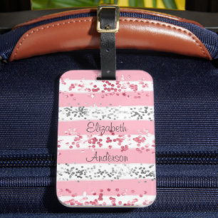 Personalized Pink White Grey Silver Glitter Luggage Tag