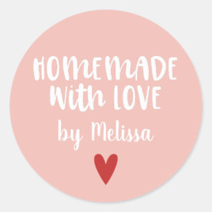 Personalized Pink White Homemade With Love Classic Round Sticker