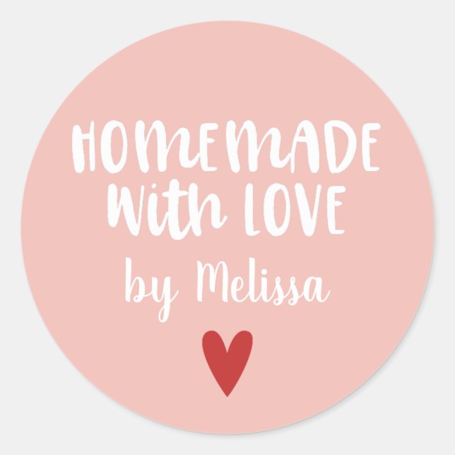 Personalized Pink White Homemade With Love Classic Round Sticker (Front)