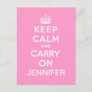 Personalized Pink White Keep Calm and Carry On Postcard