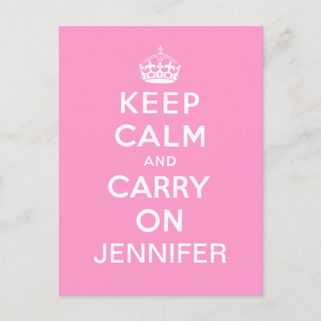 Personalized Pink White Keep Calm and Carry On Postcard (Front)