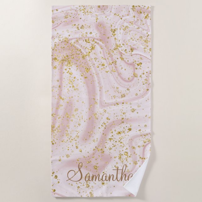 Personalized Pink White Marble Swirl Gold Glitter Beach Towel (Front)