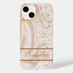 Personalized Pink White Marble Swirl Gold Glitter Case-Mate iPhone 14 Case
