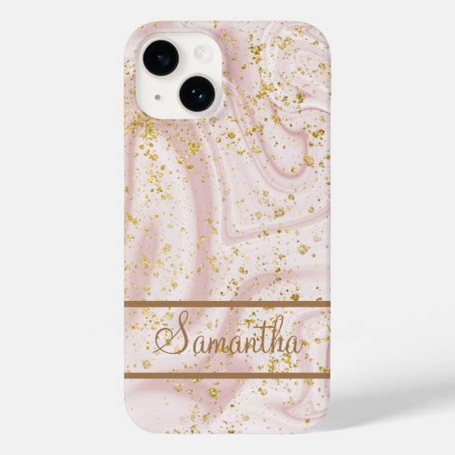 Personalized Pink White Marble Swirl Gold Glitter Case-Mate iPhone Case (Back)