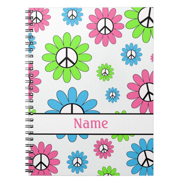 Personalized Pink White Peace Sign Notebook (Front)